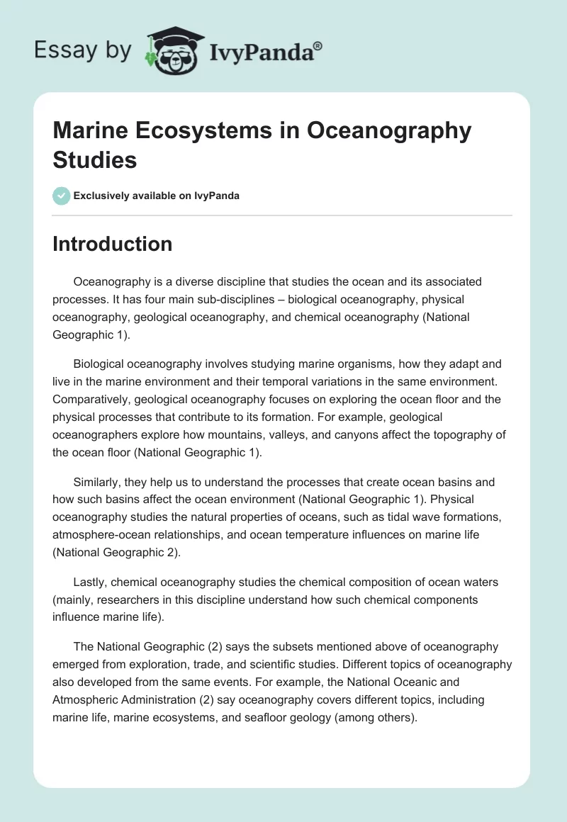 Marine Ecosystems in Oceanography Studies. Page 1