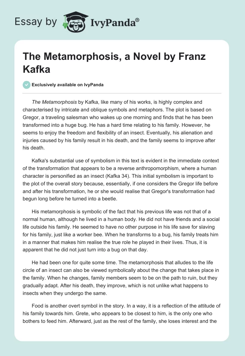 The Metamorphosis, a Novel by Franz Kafka. Page 1