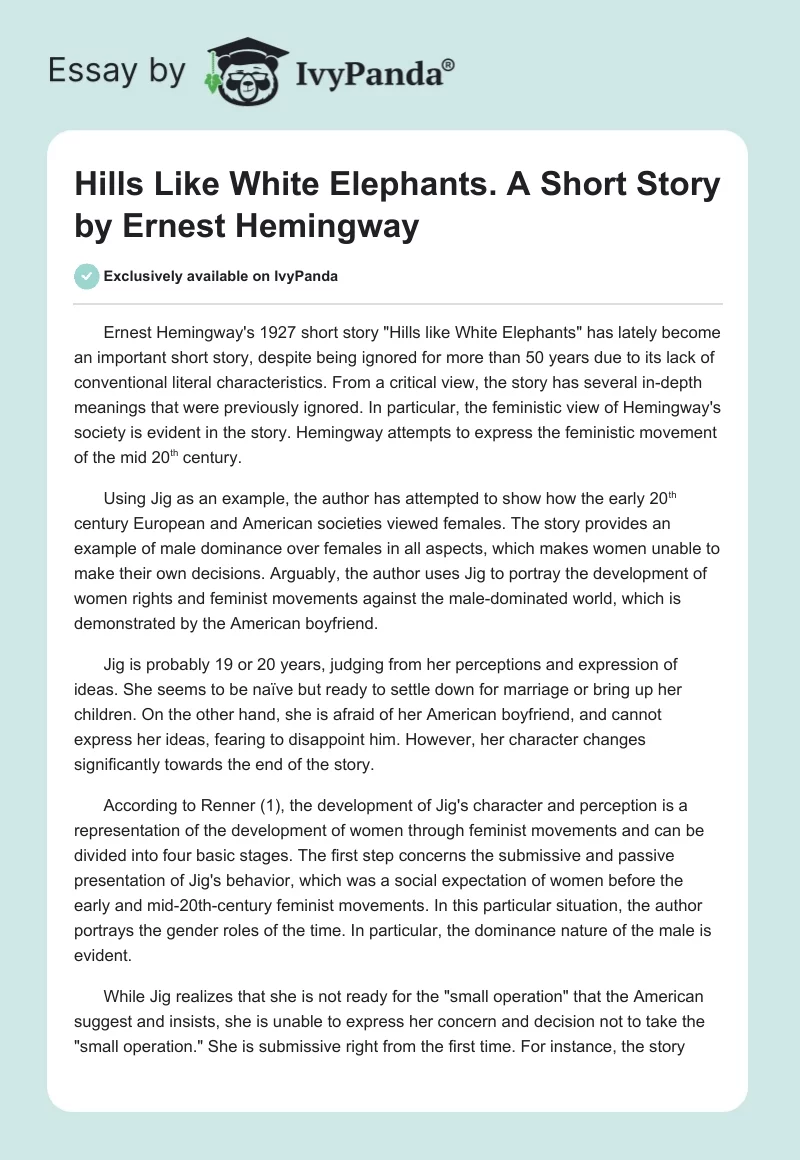 Hills Like White Elephants. A Short Story by Ernest Hemingway. Page 1