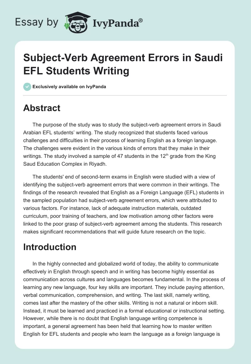 Subject-Verb Agreement Errors in Saudi EFL Students’ Writing. Page 1