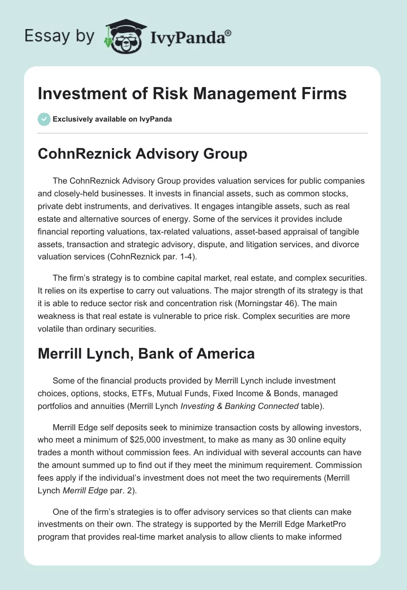 Investment of Risk Management Firms. Page 1