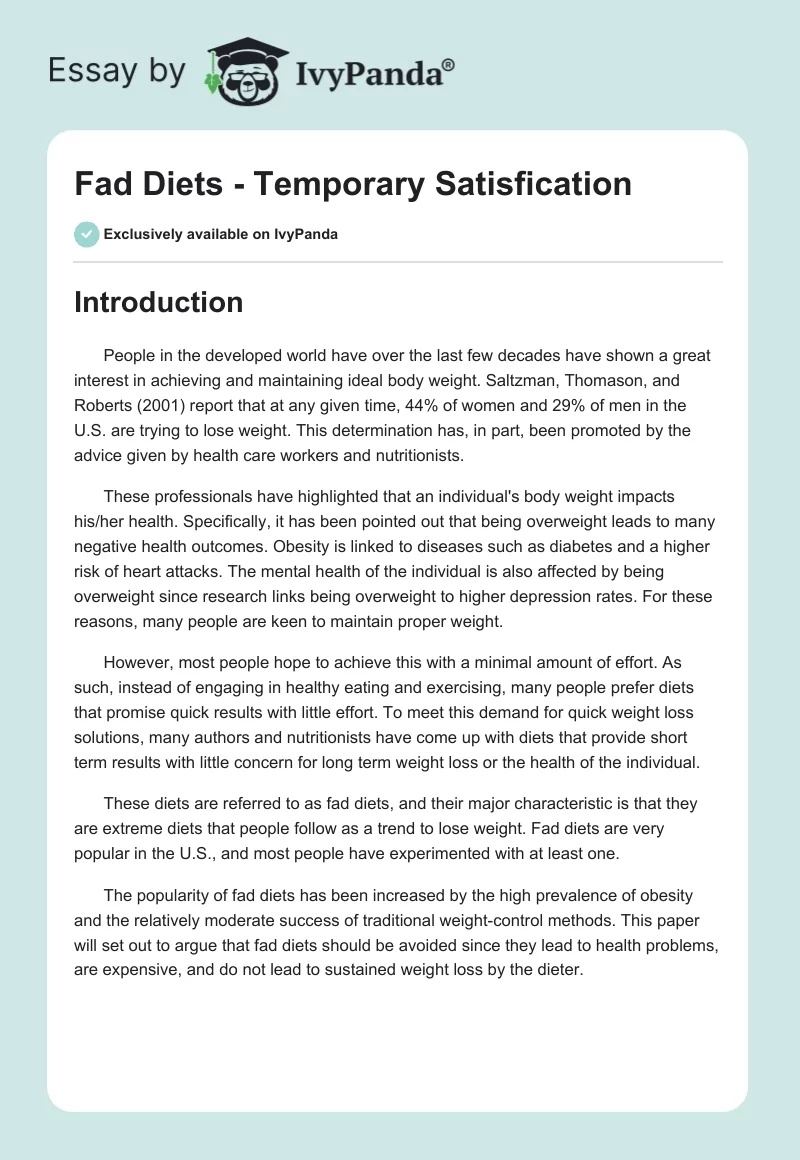 Fad Diets - Temporary Satisfication. Page 1
