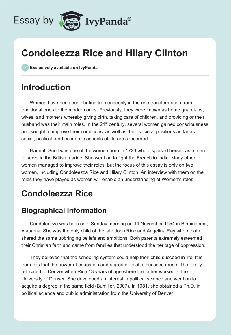 Condoleezza Rice and Hilary Clinton. Page 1