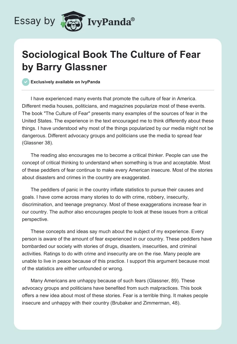 Sociological Book "The Culture of Fear" by Barry Glassner. Page 1
