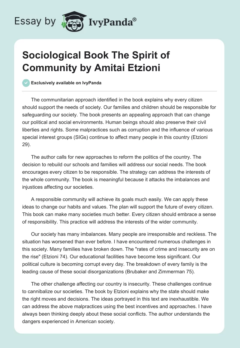 Sociological Book "The Spirit of Community" by Amitai Etzioni. Page 1