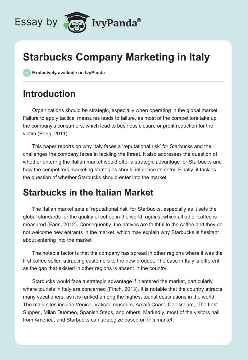 Starbucks Company Marketing in Italy. Page 1