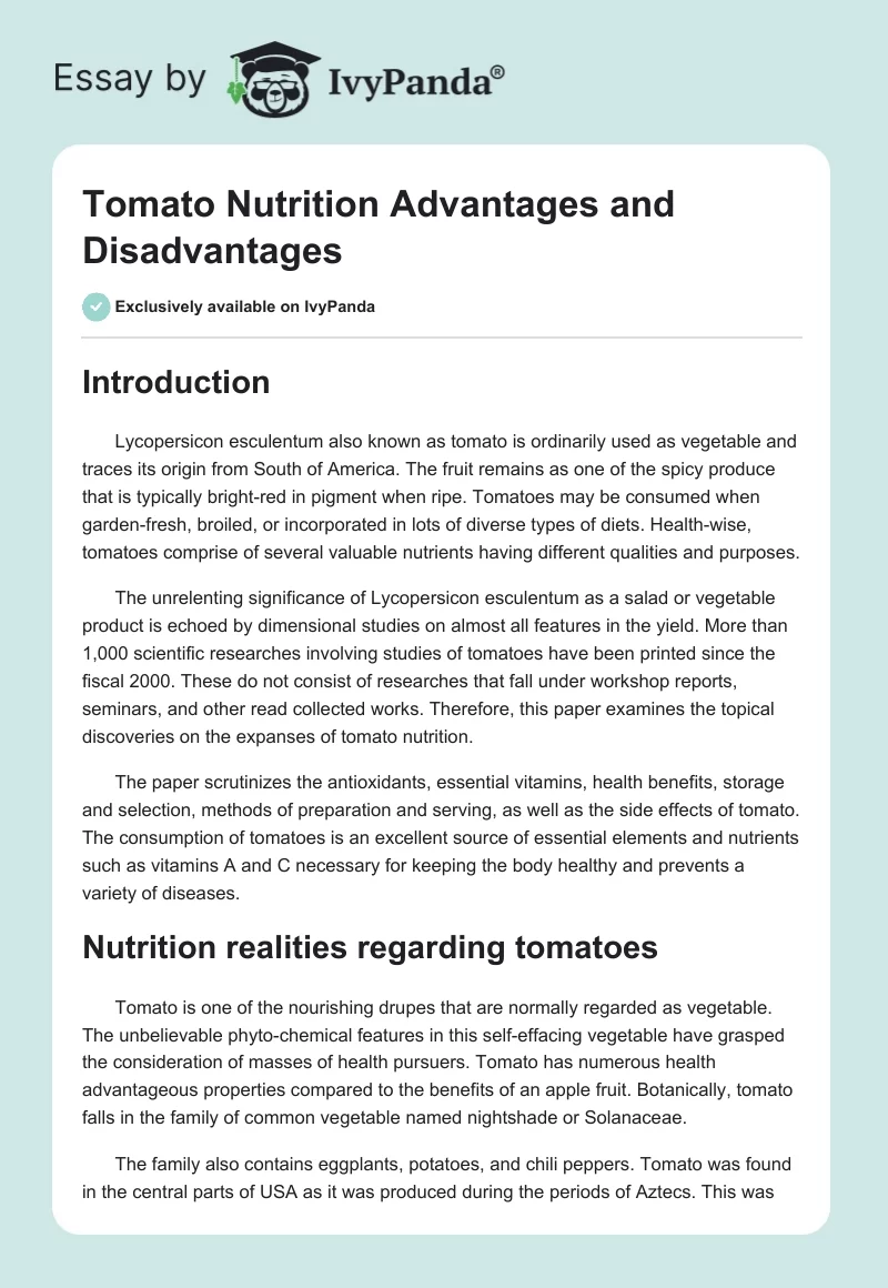 Tomato Nutrition Advantages and Disadvantages. Page 1