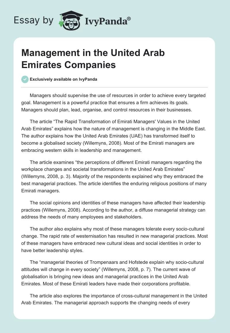 Management in the United Arab Emirates Companies. Page 1