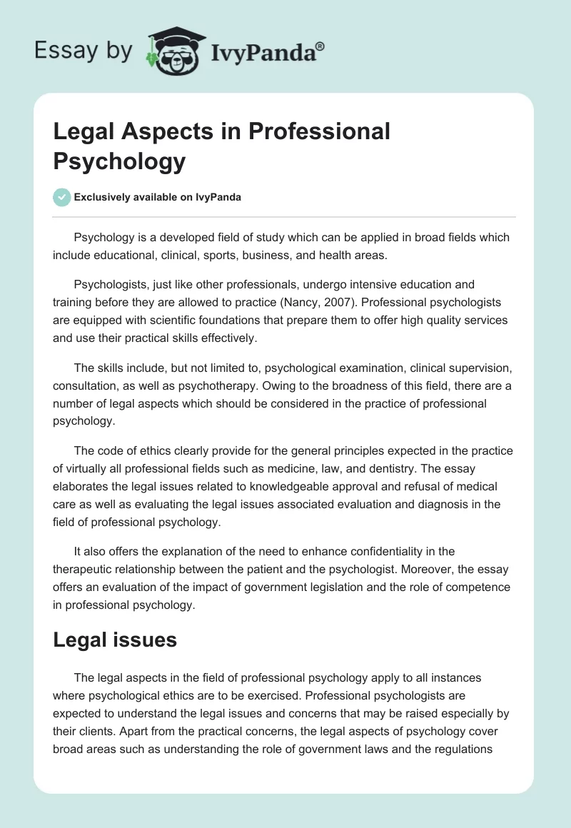 Legal Aspects in Professional Psychology. Page 1