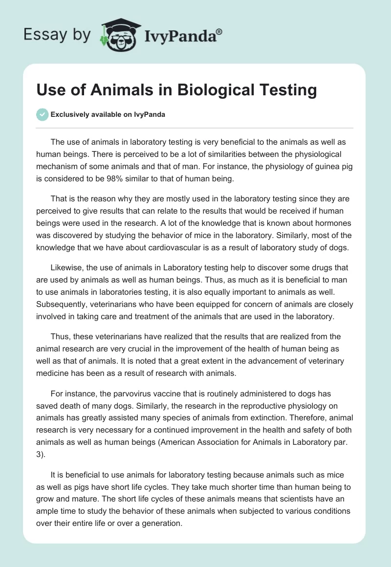 Use of Animals in Biological Testing. Page 1