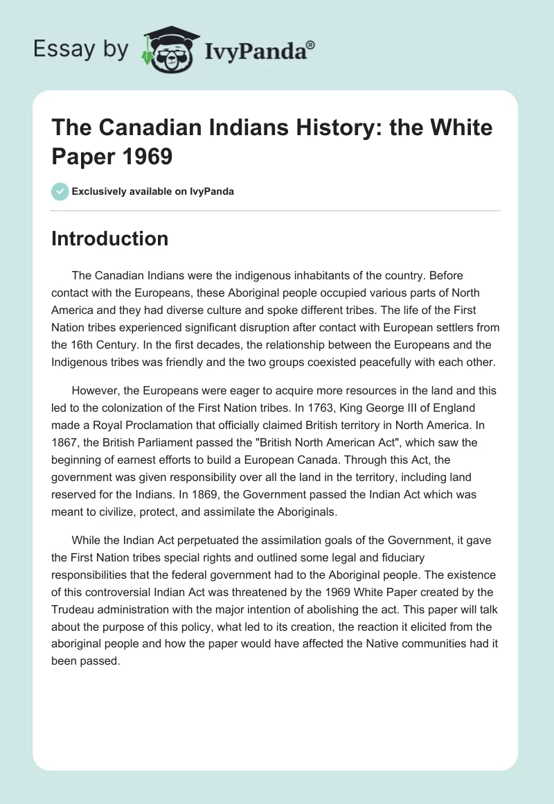 The Canadian Indians History: the White Paper 1969. Page 1