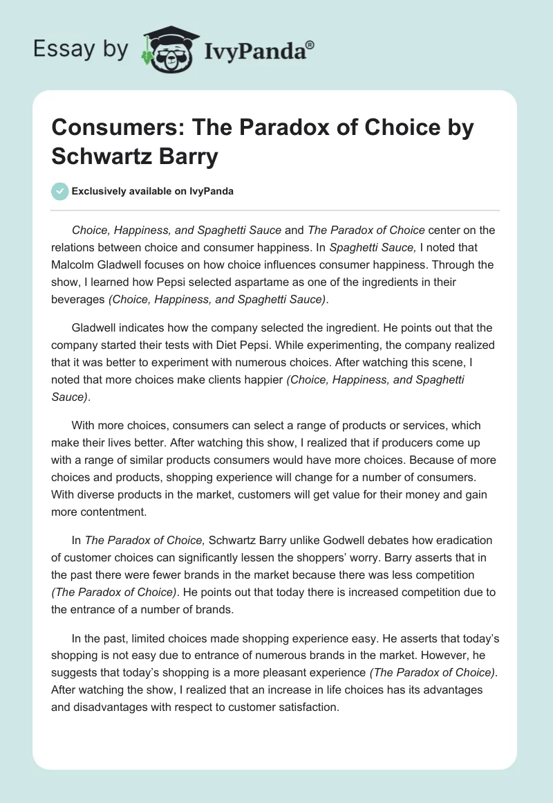 Consumers: "The Paradox of Choice" by Schwartz Barry. Page 1