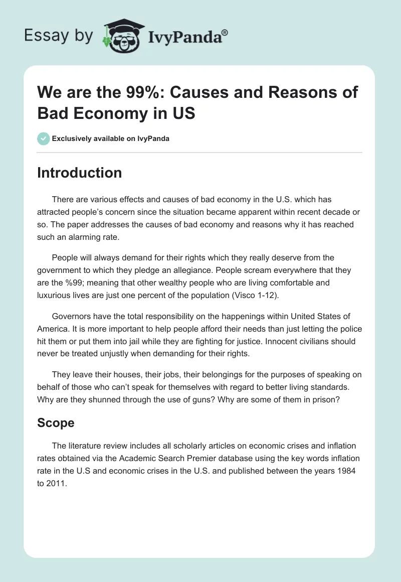 We are the 99%: Causes and Reasons of Bad Economy in US. Page 1