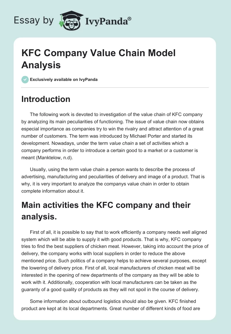 KFC Company Value Chain Model Analysis. Page 1