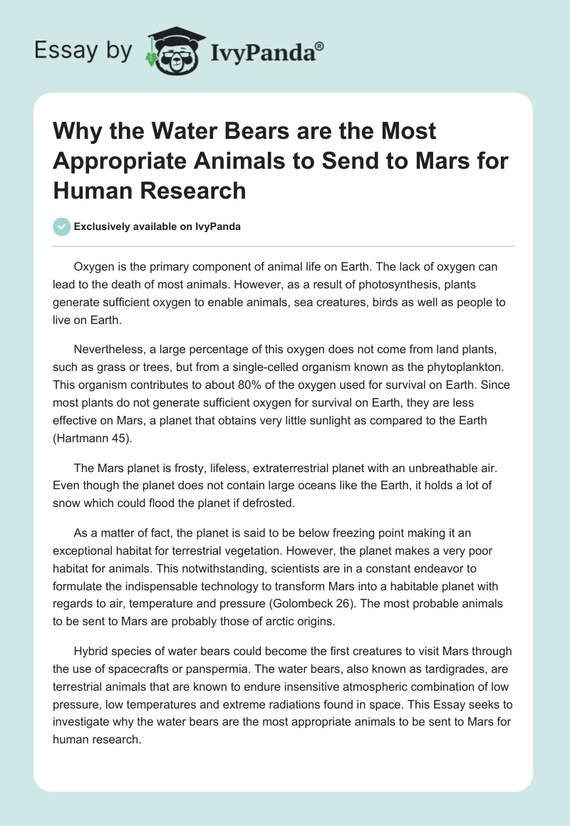 Why the Water Bears are the Most Appropriate Animals to Send to Mars for Human Research. Page 1