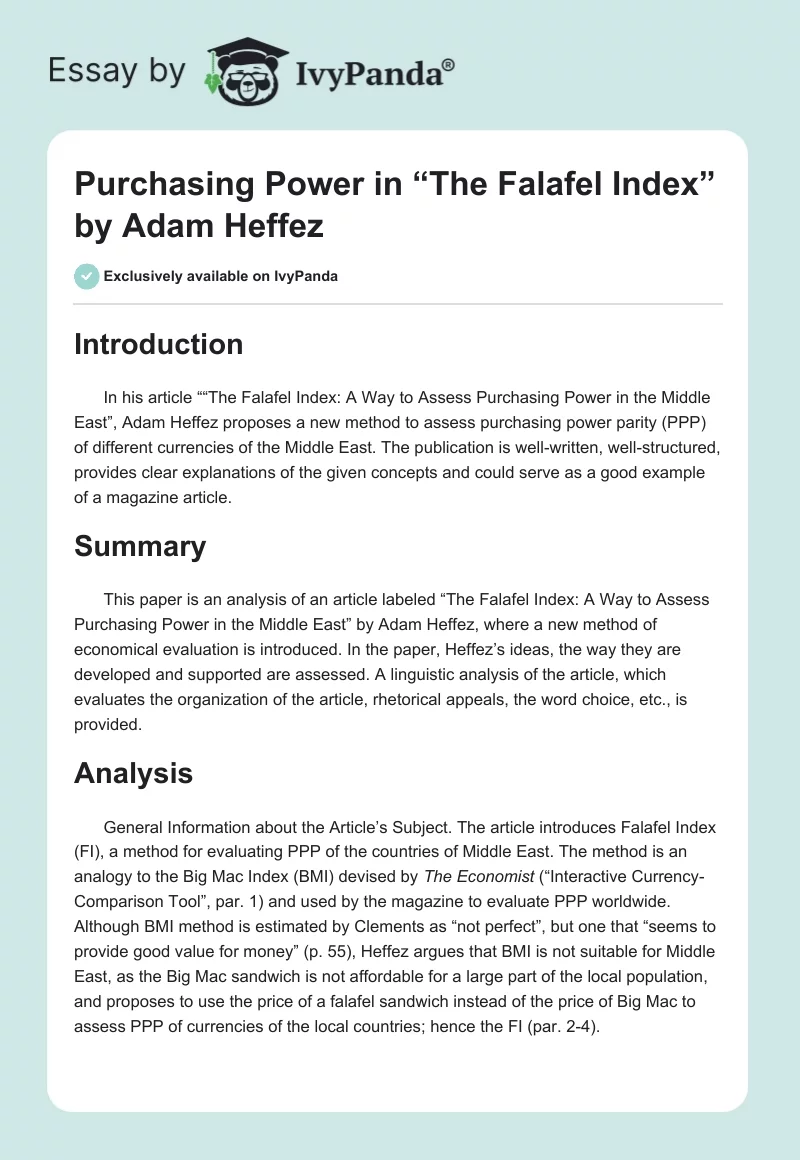Purchasing Power in “The Falafel Index” by Adam Heffez. Page 1