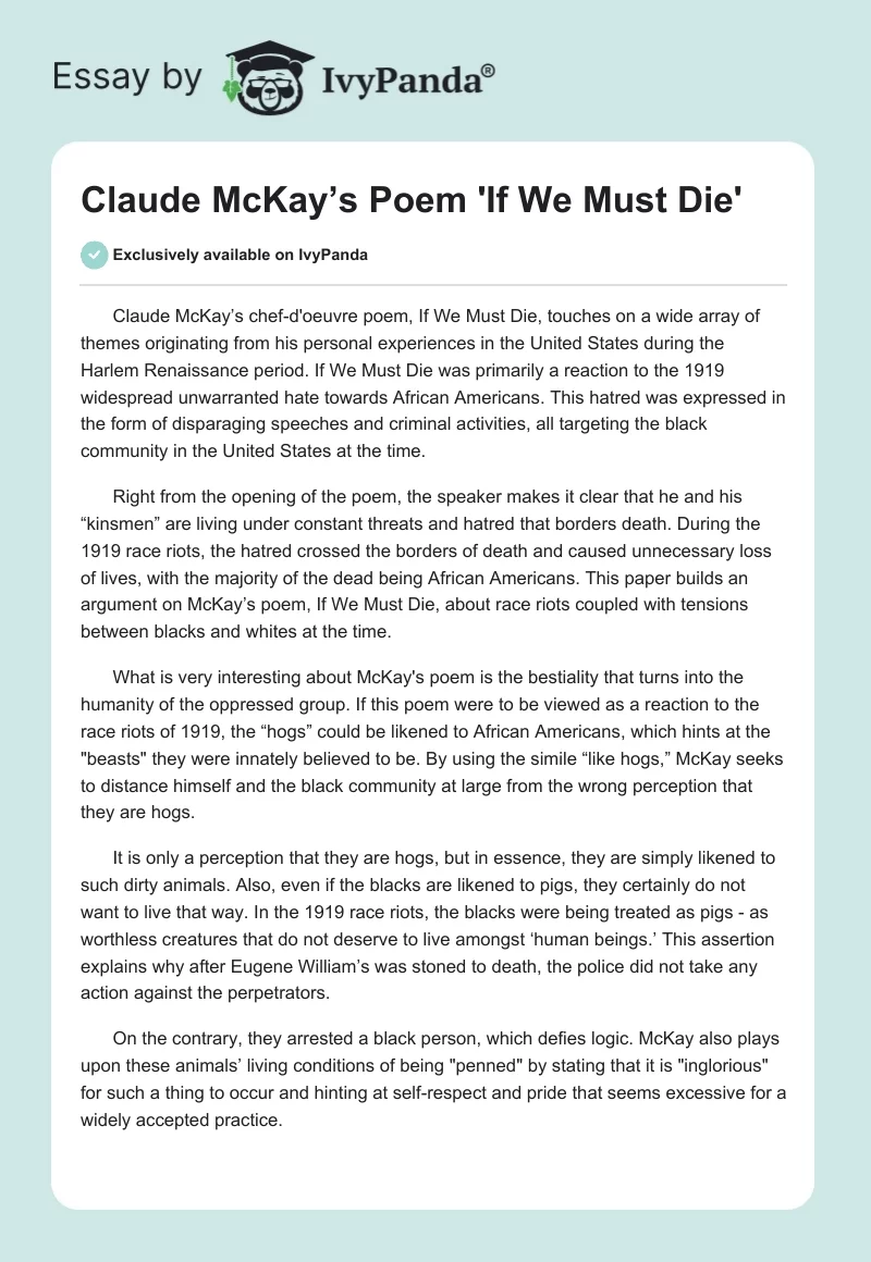 Claude McKay’s Poem 'If We Must Die'. Page 1