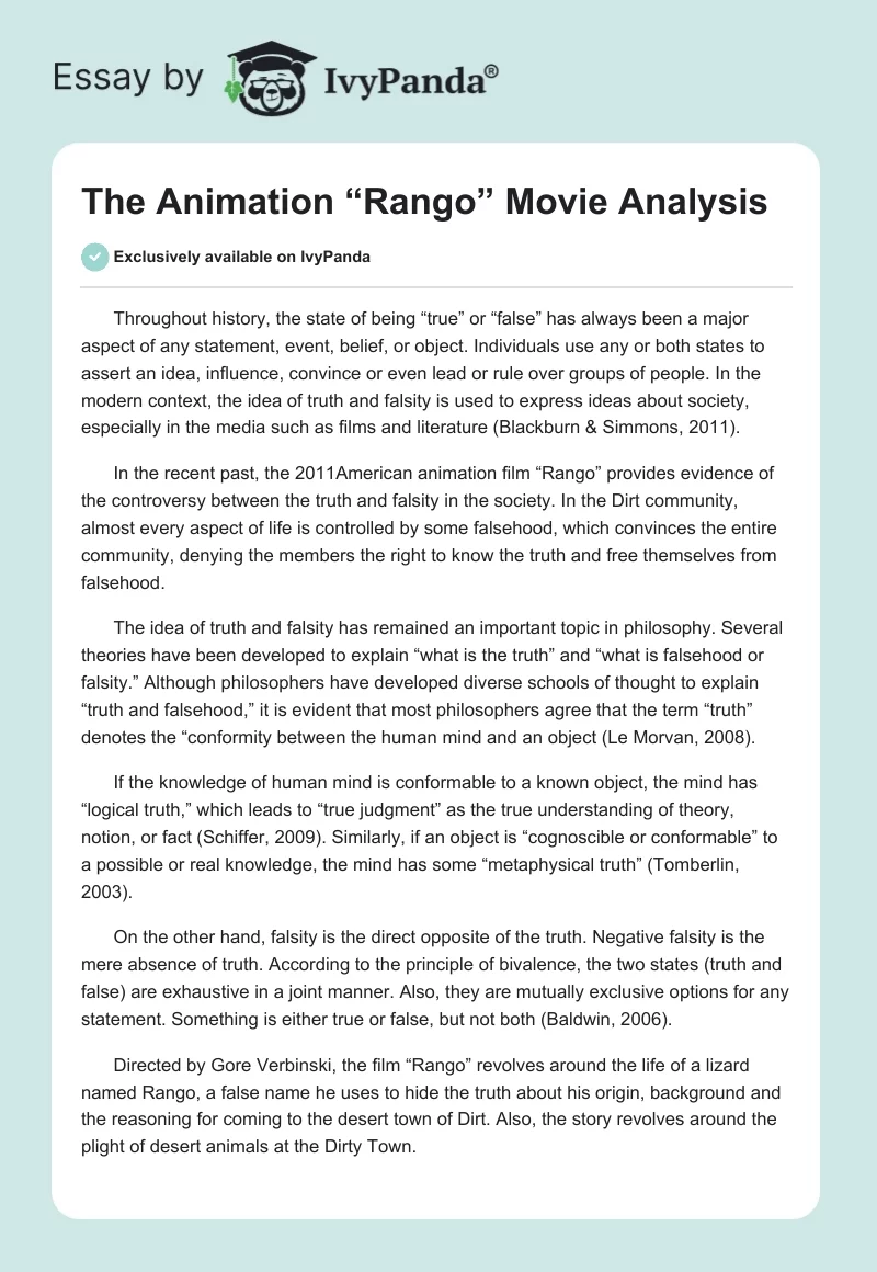The Animation “Rango” Movie Analysis. Page 1