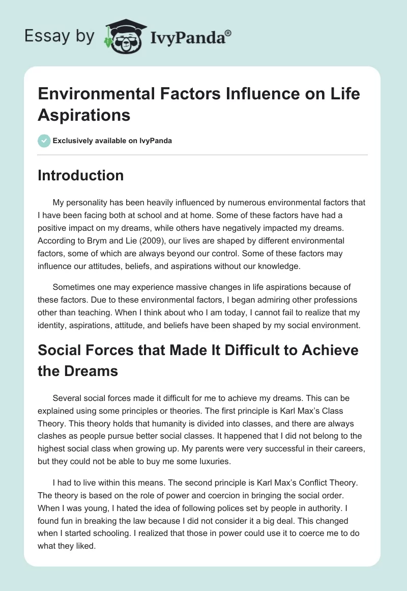 Environmental Factors Influence on Life Aspirations. Page 1