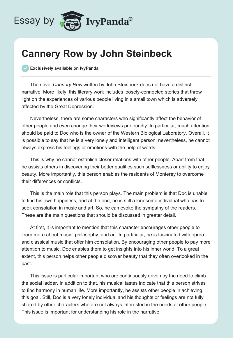 "Cannery Row" by John Steinbeck. Page 1