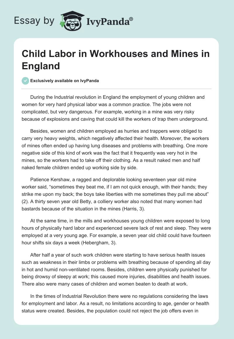 Child Labor in Workhouses and Mines in England. Page 1