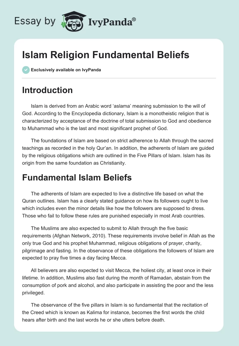 Islam Religion Fundamental Beliefs. Page 1