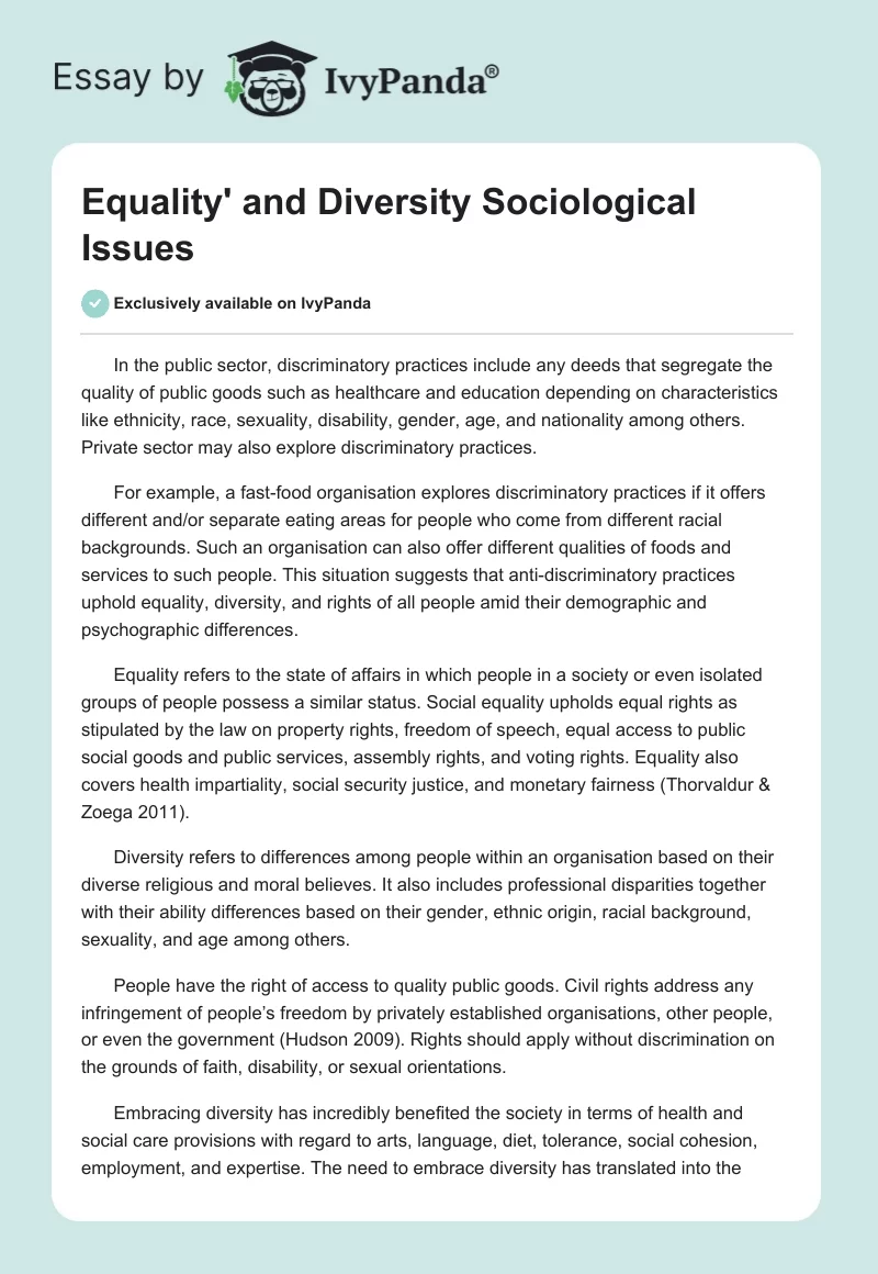 Equality' and Diversity Sociological Issues. Page 1
