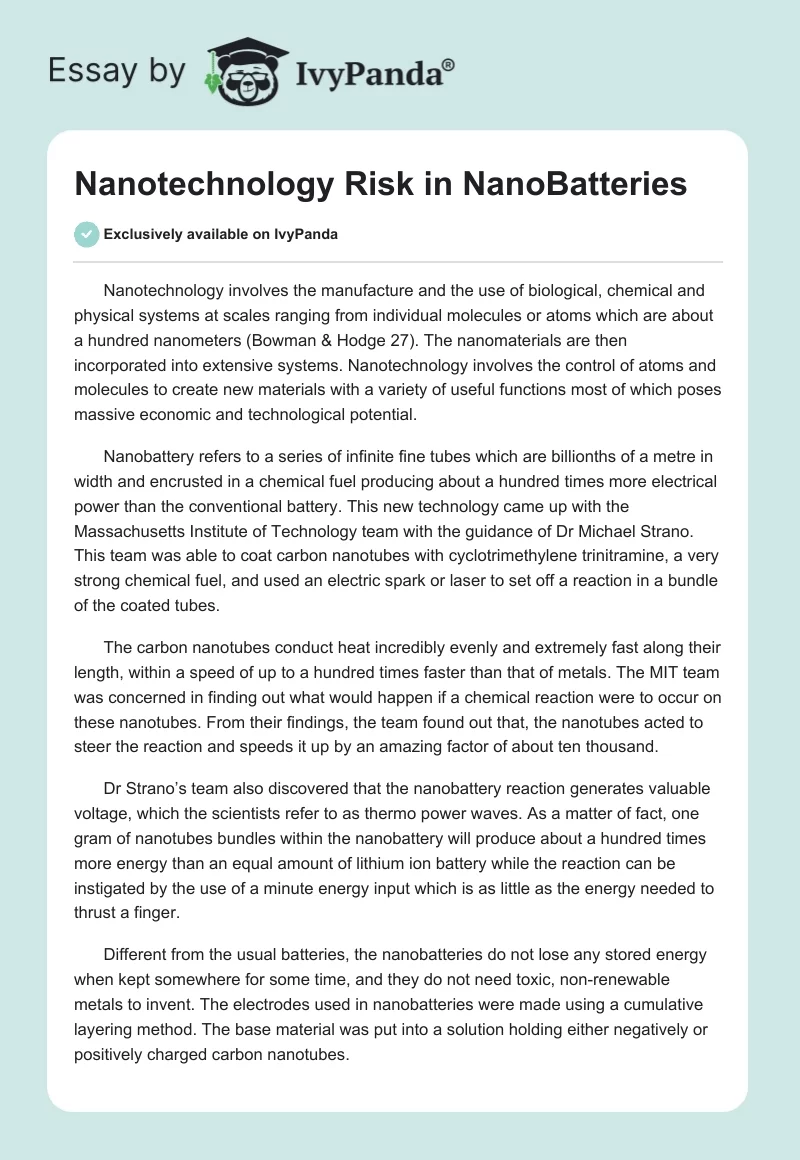 Nanotechnology Risk in NanoBatteries. Page 1