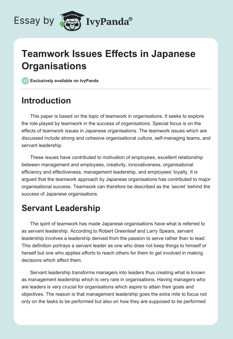 Teamwork Issues Effects in Japanese Organisations. Page 1