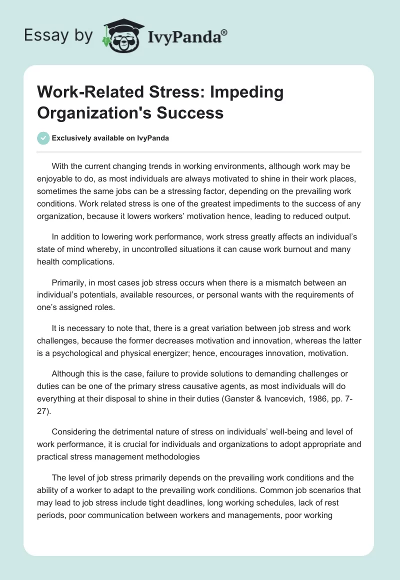 Work-Related Stress: Impeding Organization's Success. Page 1