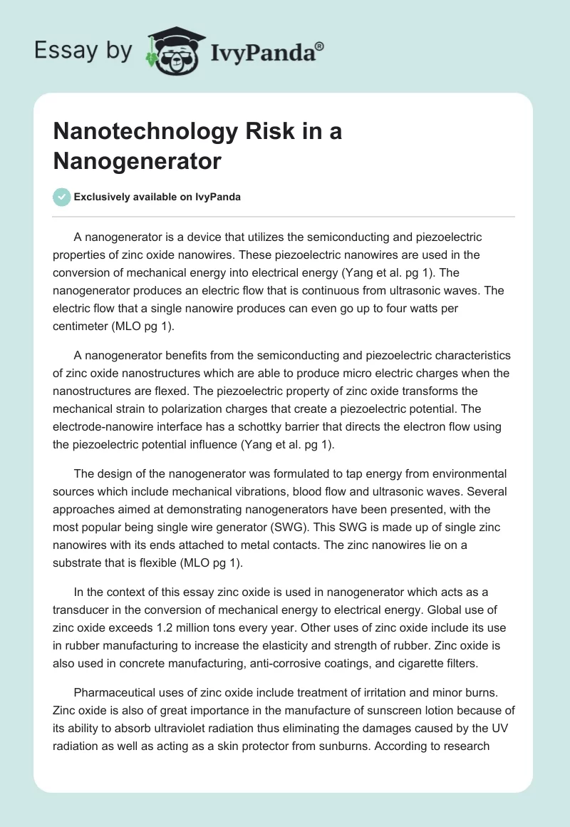 Nanotechnology Risk in a Nanogenerator. Page 1