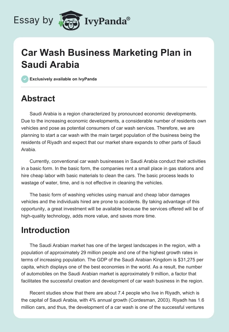Car Wash Business Marketing Plan in Saudi Arabia. Page 1