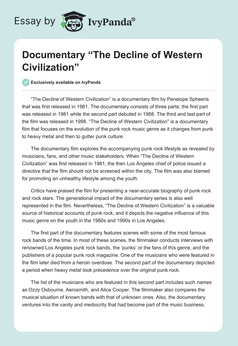 Documentary “The Decline of Western Civilization”. Page 1
