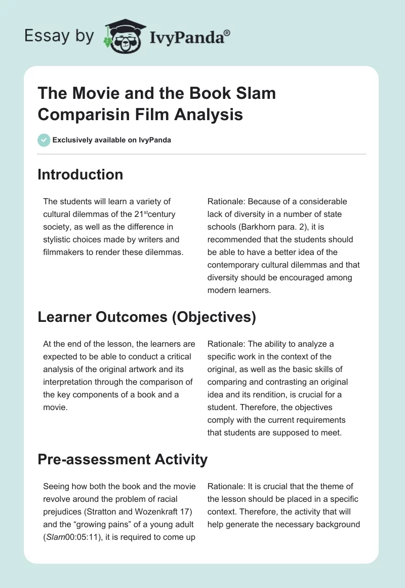 The Movie and the Book "Slam" Comparisin Film Analysis. Page 1