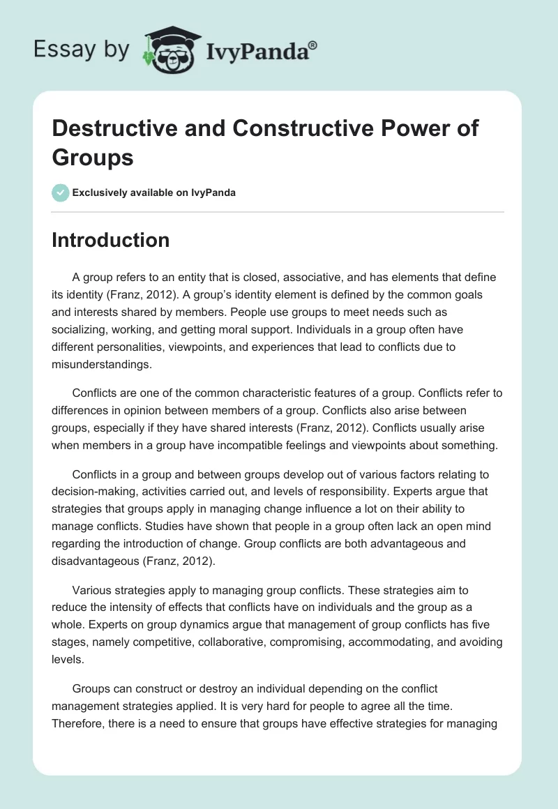 Destructive and Constructive Power of Groups. Page 1