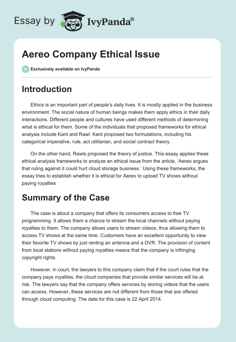 Aereo Company Ethical Issue. Page 1