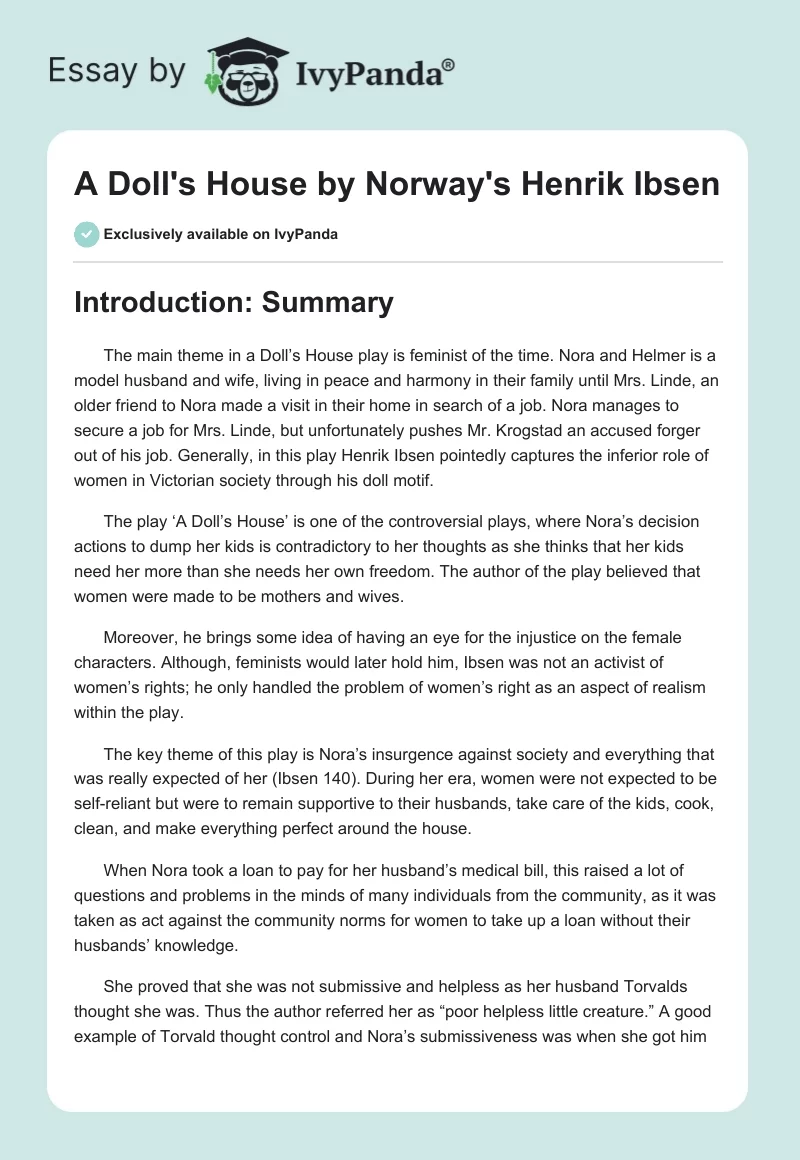 A Doll's House by Norway's Henrik Ibsen. Page 1