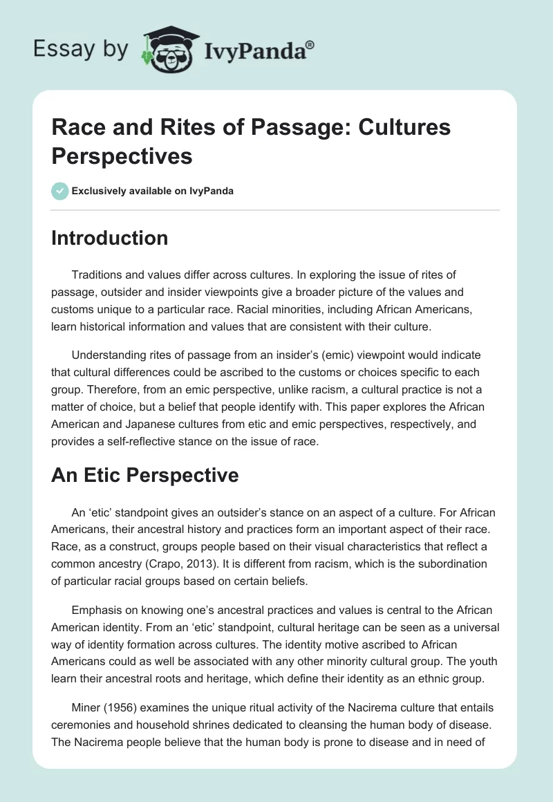Race and Rites of Passage: Cultures Perspectives. Page 1