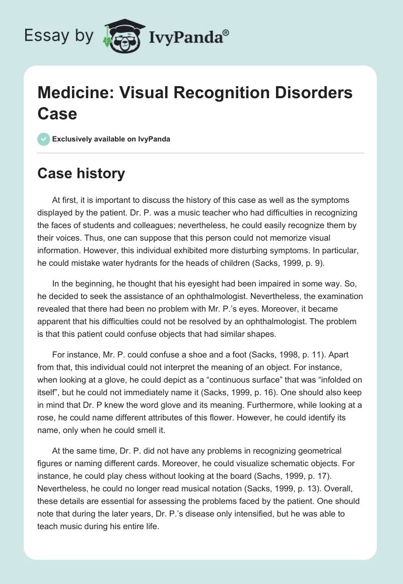 Medicine: Visual Recognition Disorders Case. Page 1