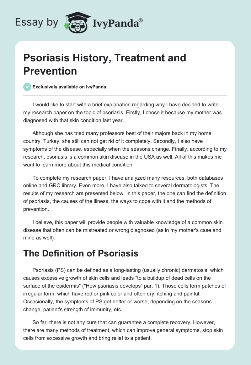 Psoriasis History, Treatment and Prevention. Page 1