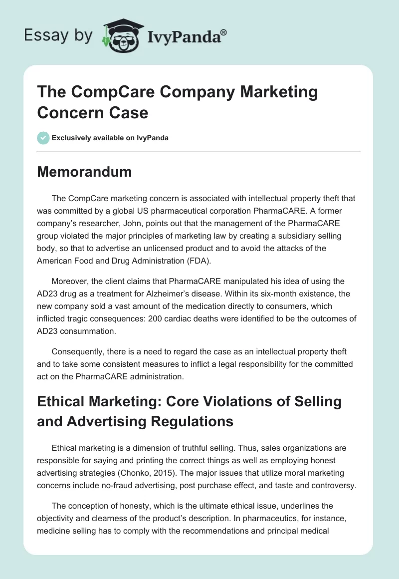 The CompCare Company Marketing Concern Case. Page 1