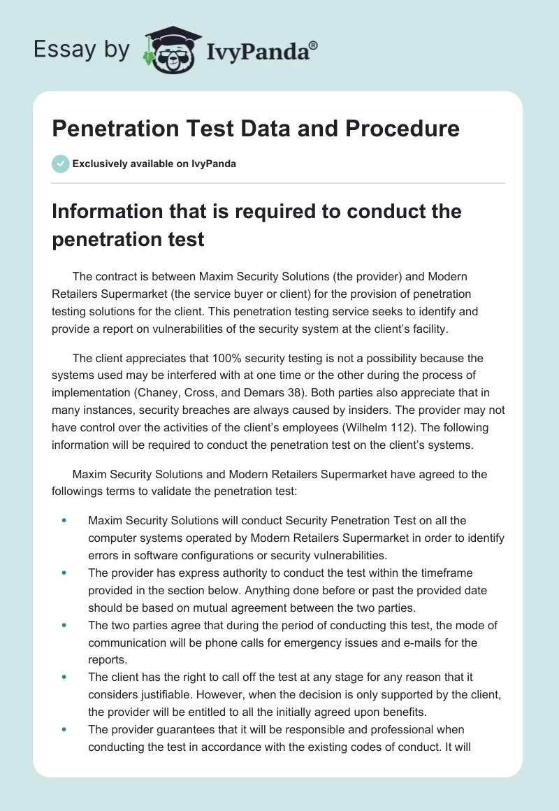 Penetration Test Data and Procedure. Page 1