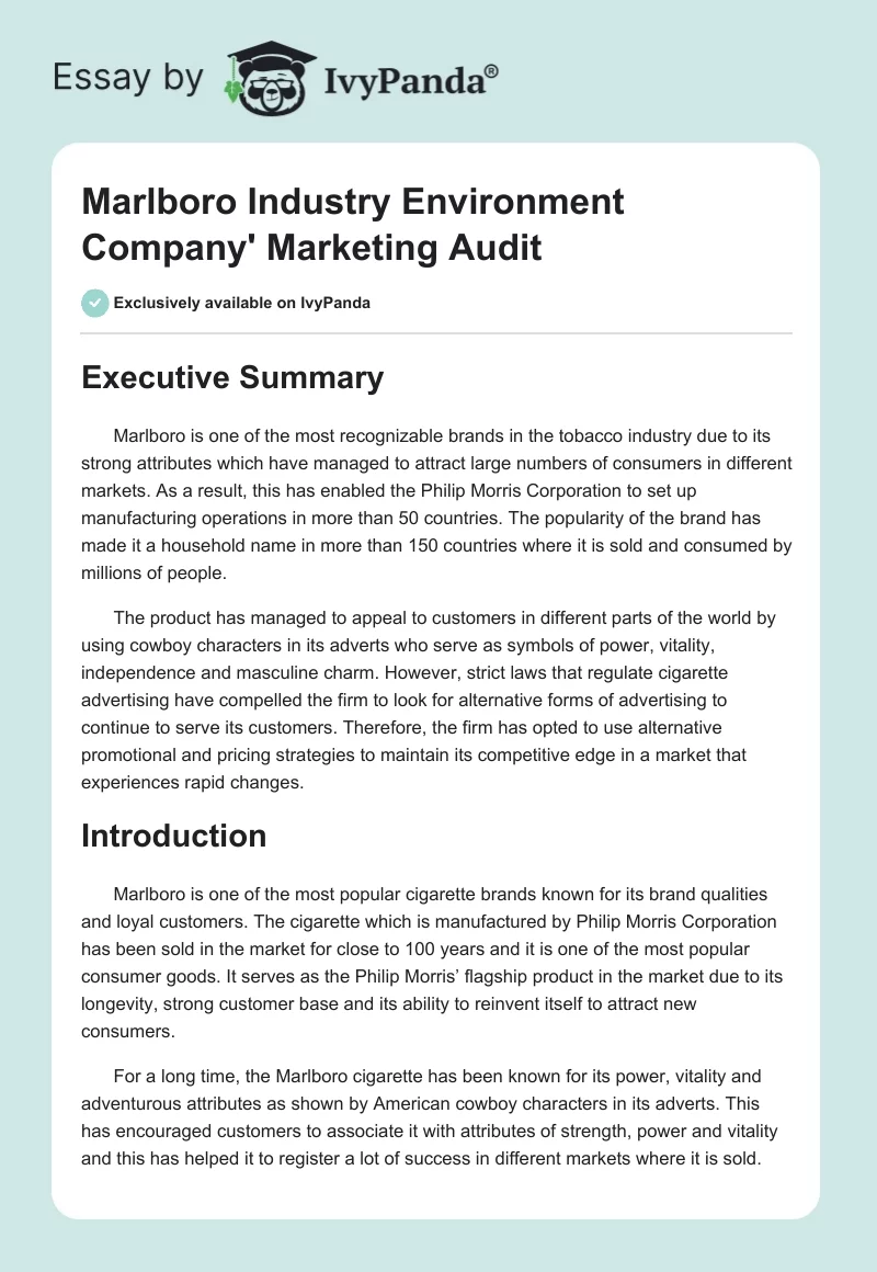 Marlboro Industry Environment Company' Marketing Audit. Page 1