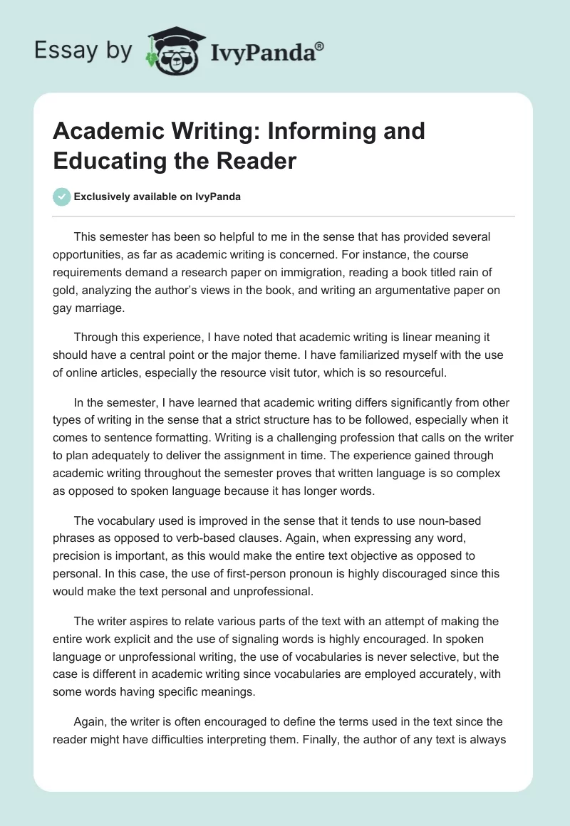 Academic Writing: Informing and Educating the Reader. Page 1
