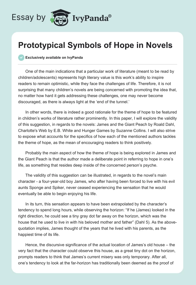 Prototypical Symbols of Hope in Novels. Page 1