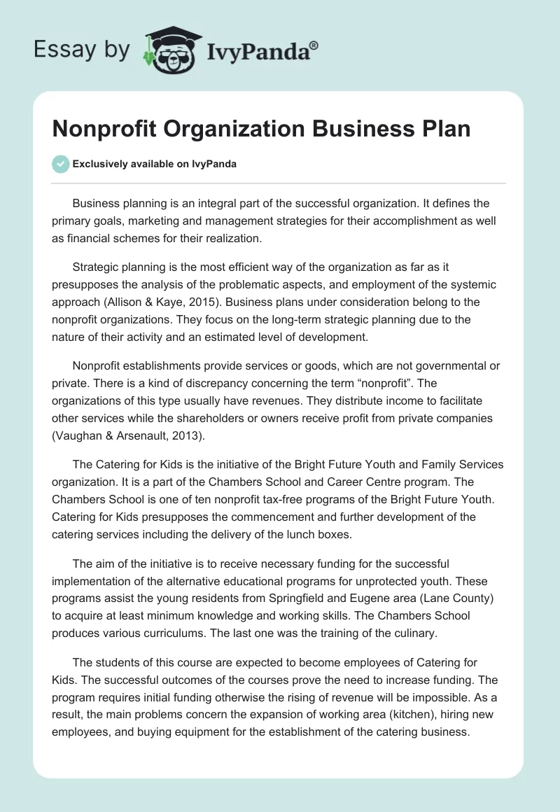 Nonprofit Organization Business Plan. Page 1