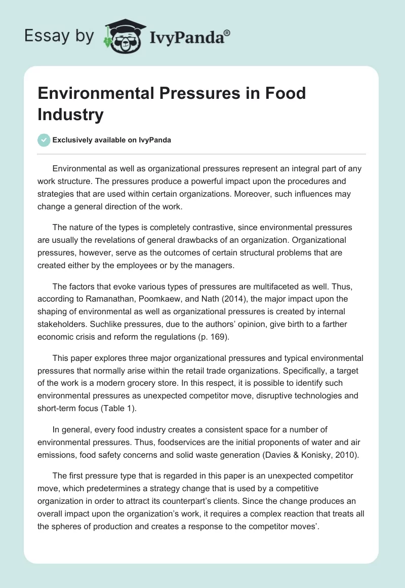 Environmental Pressures in Food Industry. Page 1