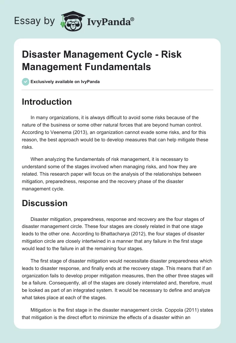 Disaster Management Cycle - Risk Management Fundamentals. Page 1