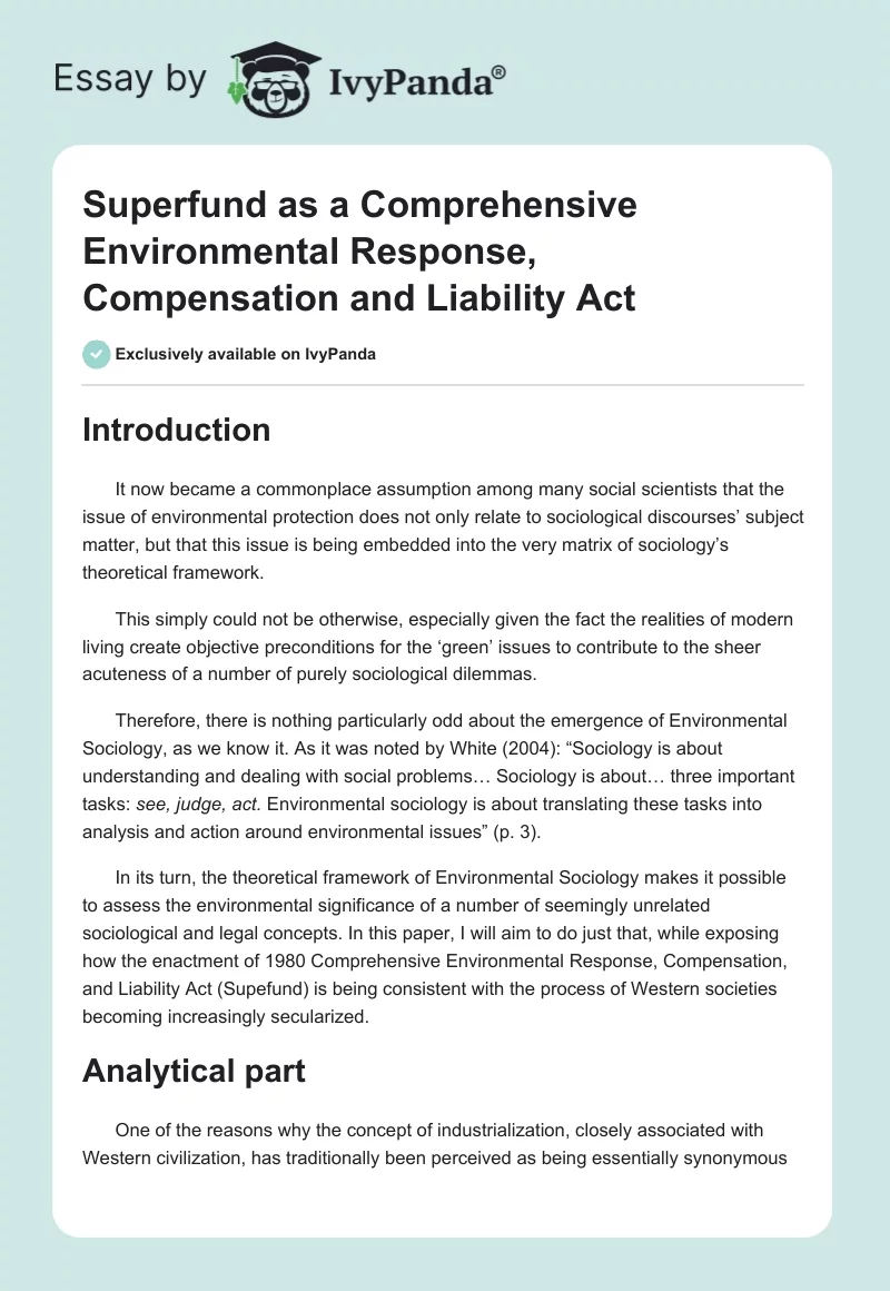 Superfund as a Comprehensive Environmental Response, Compensation and Liability Act. Page 1