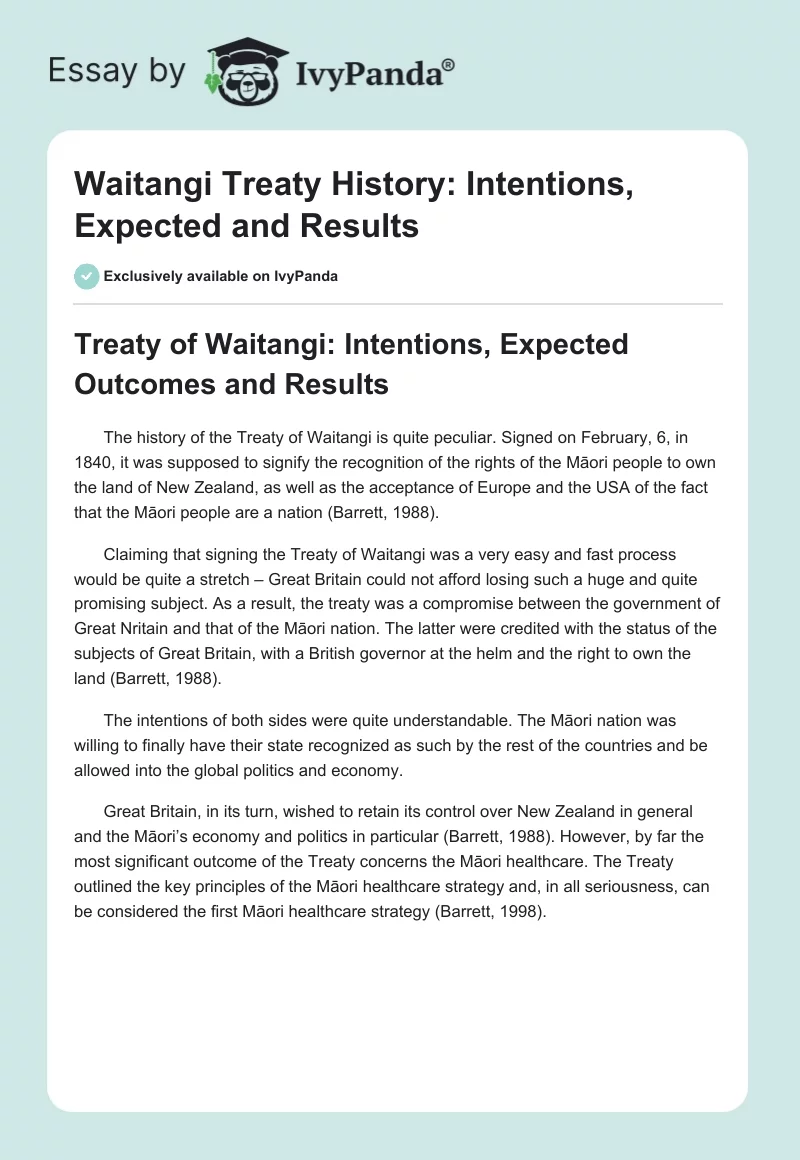 Waitangi Treaty History: Intentions, Expected and Results. Page 1
